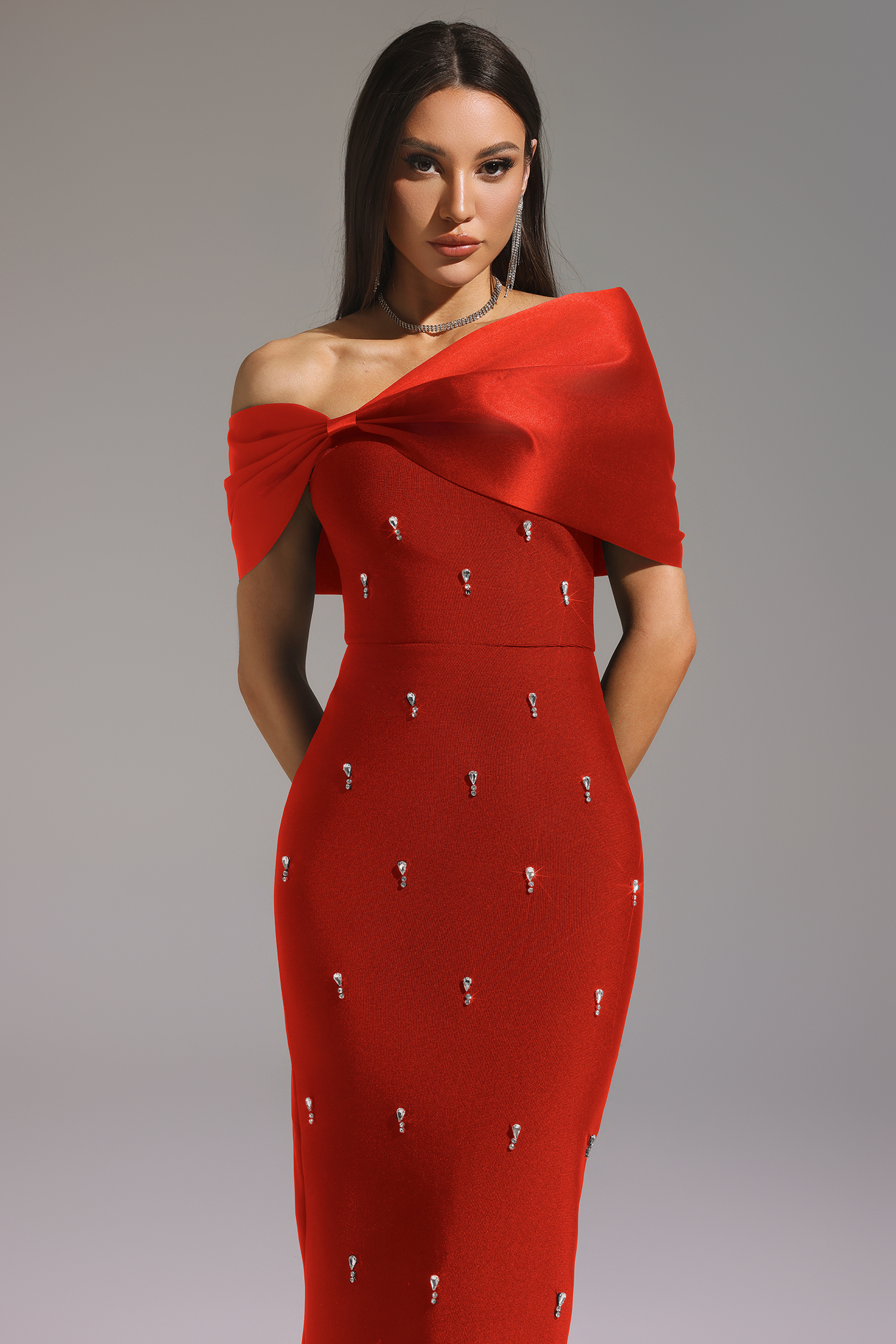 Elaine Red Sleeveless One Shoulder Diamond Bow Bandage Maxi Dress