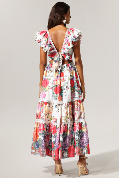 Dixie Backless Ruffle Floral Printed Maxi Dress