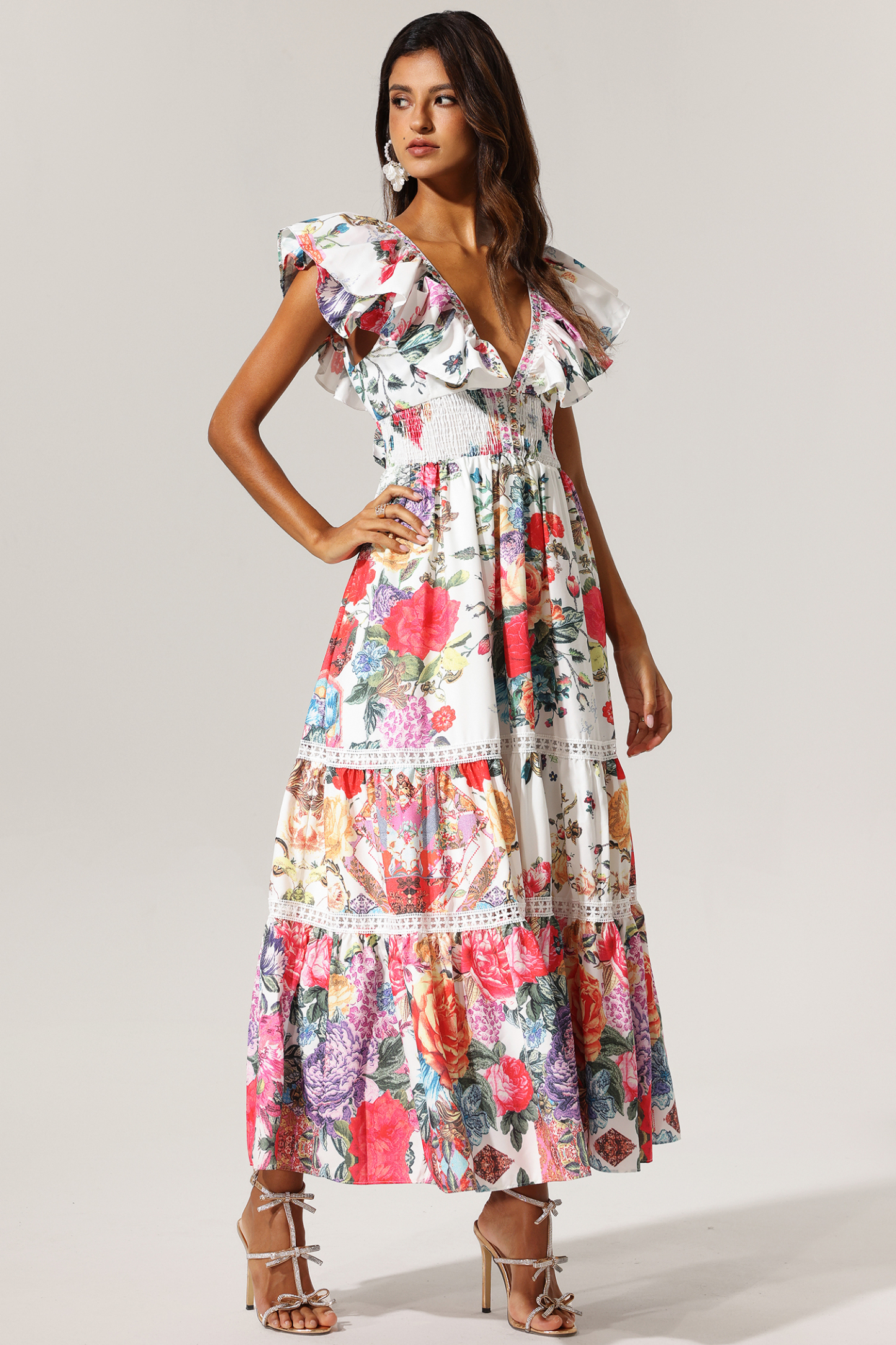 Dixie Backless Ruffle Floral Printed Maxi Dress