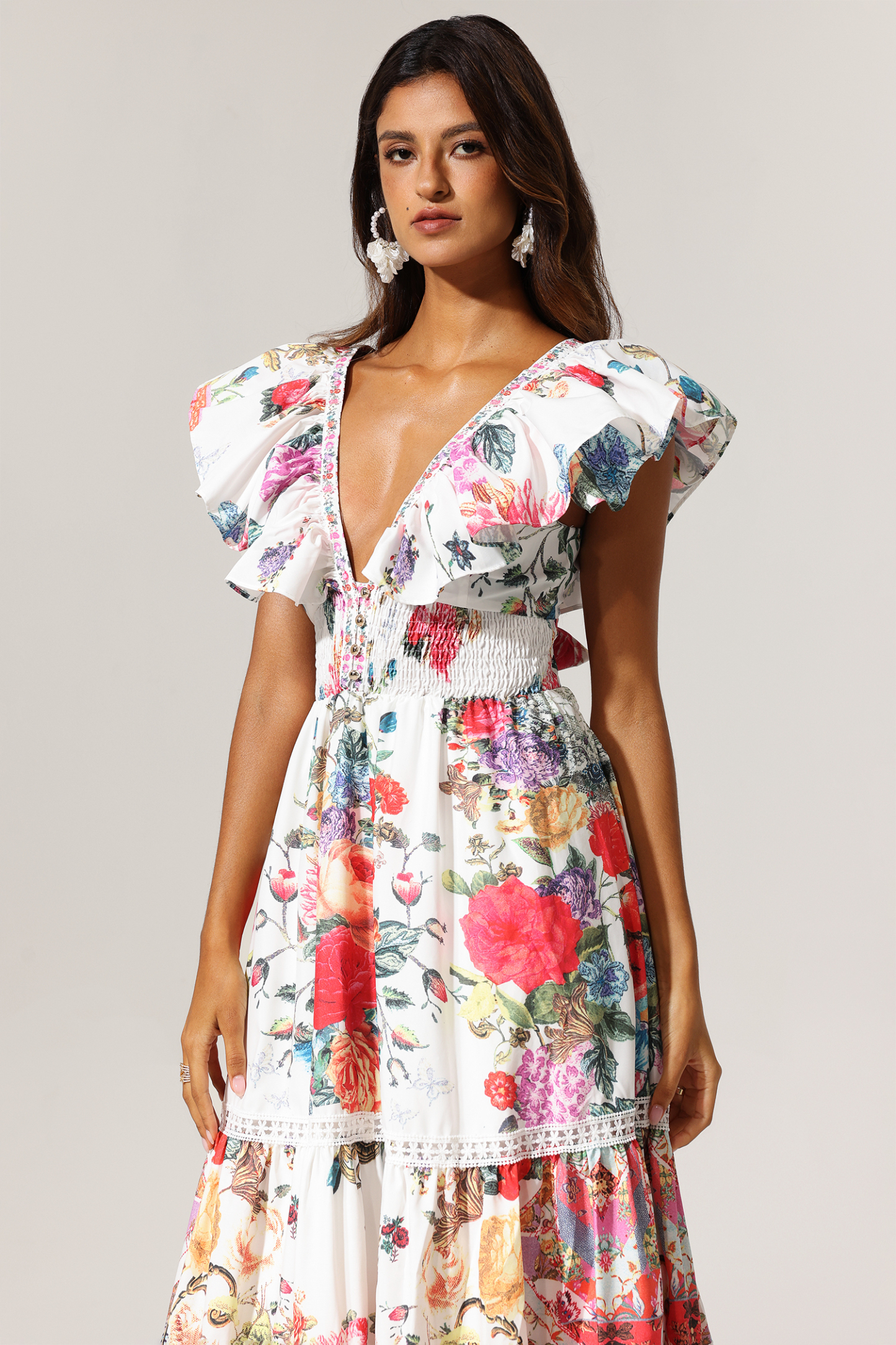 Dixie Backless Ruffle Floral Printed Maxi Dress