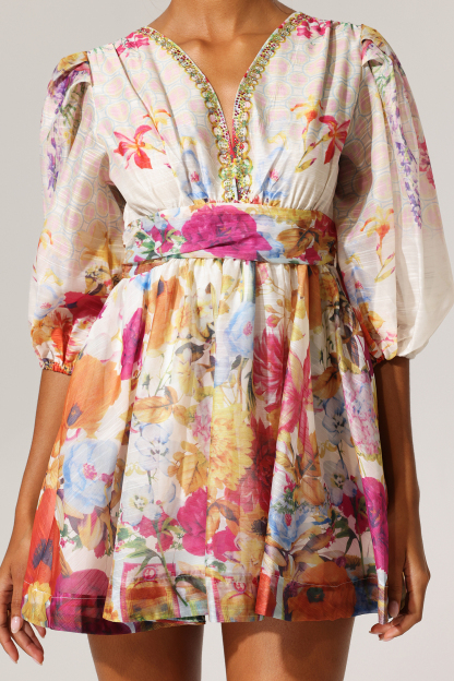 Maureen Floral Printed V-Neck Mini Dress