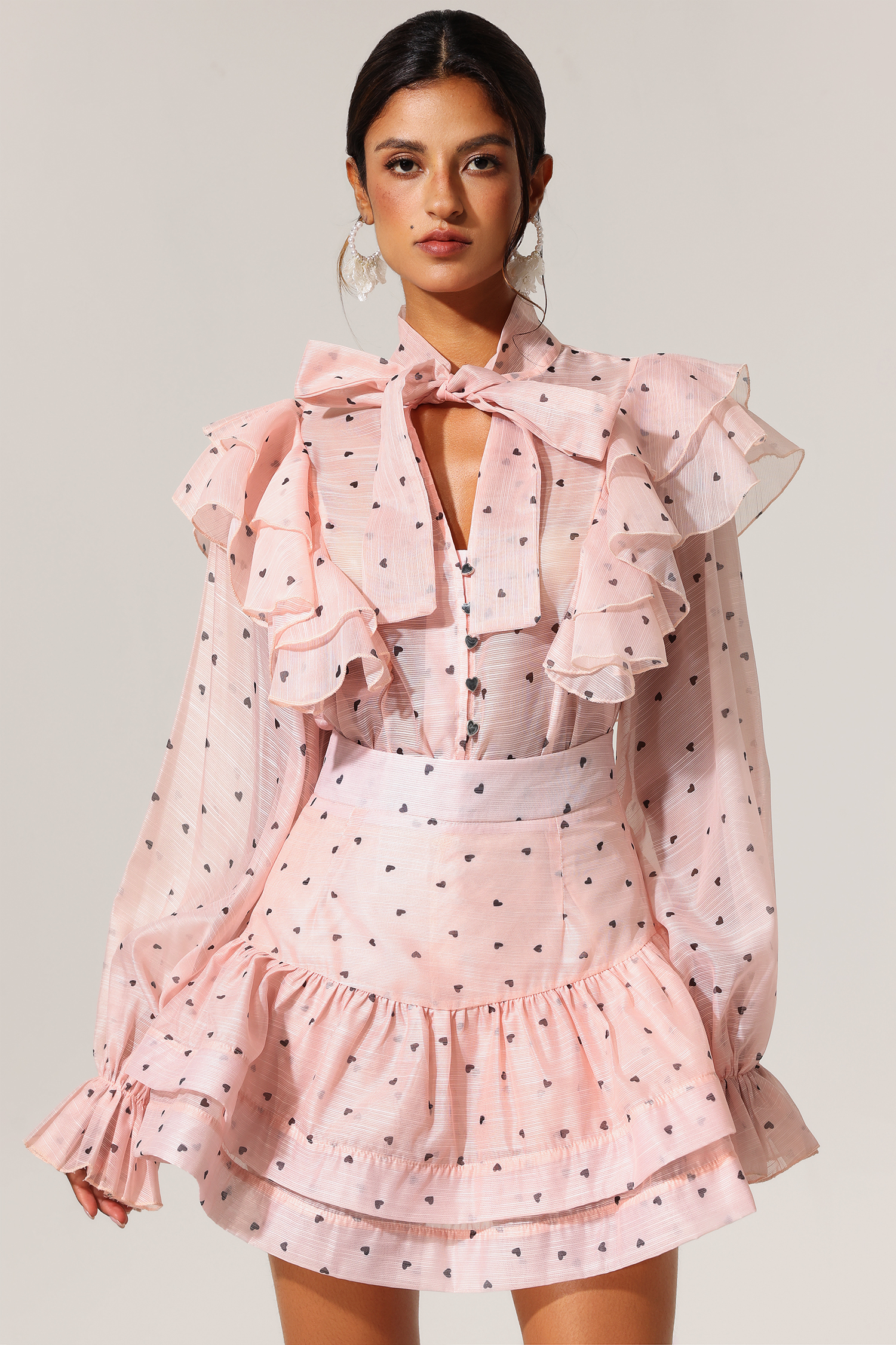 Evonne Rufflede Dot Printed Bowknot Top And Skirt Two-Piece Set