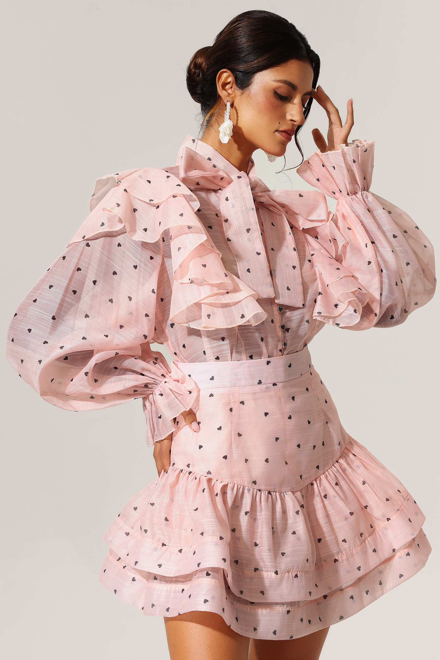 Evonne Rufflede Dot Printed Bowknot Top And Skirt Two-Piece Set