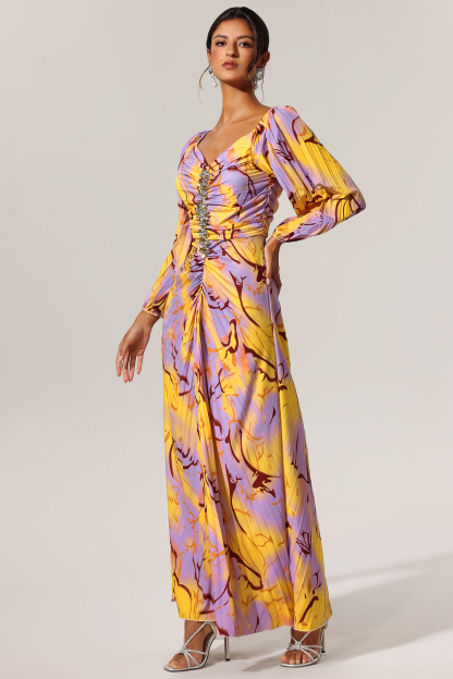 Theresa Diamond Printed Long Sleeves Slit Maxi Dress