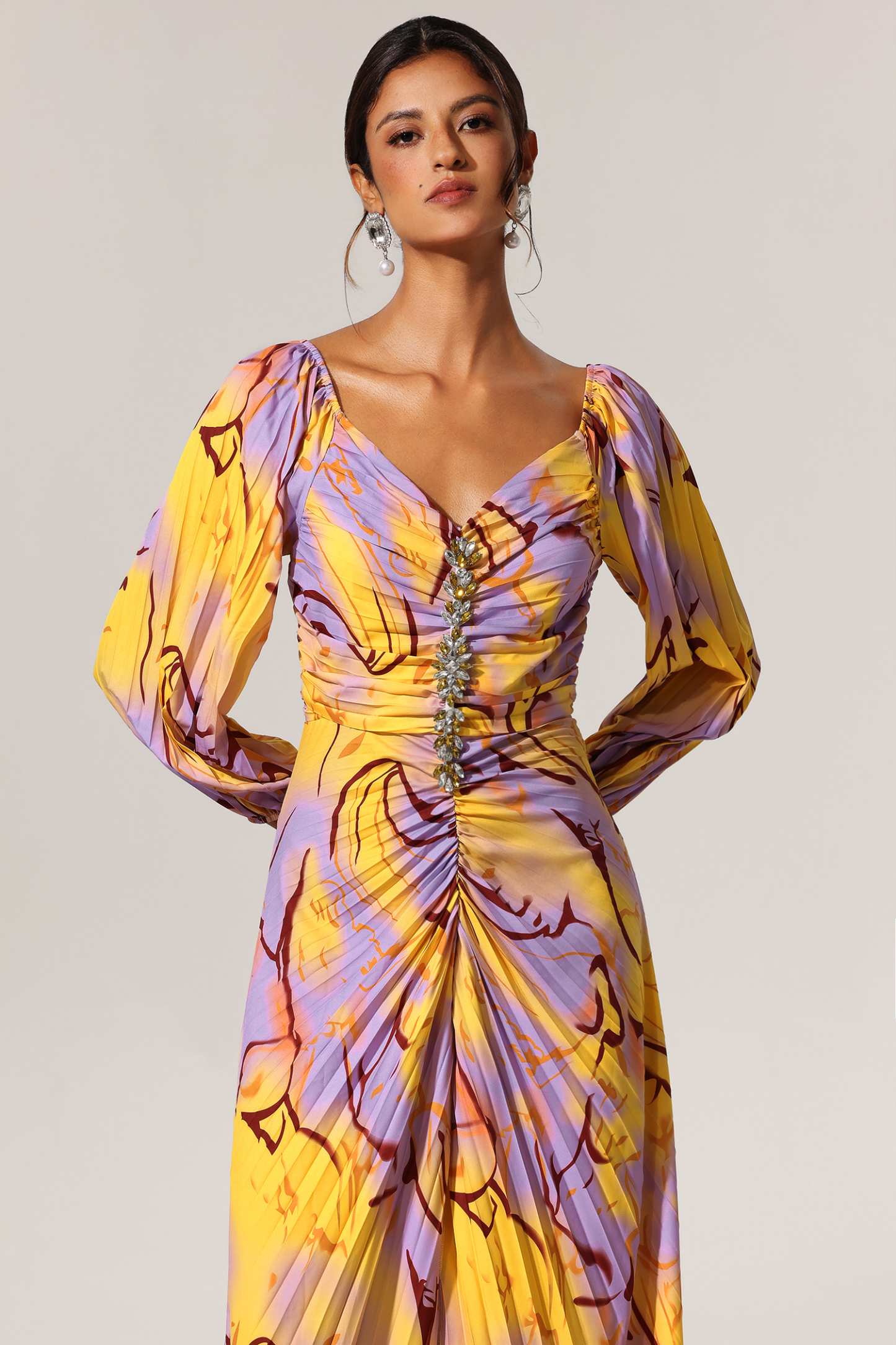 Theresa Diamond Printed Long Sleeves Slit Maxi Dress