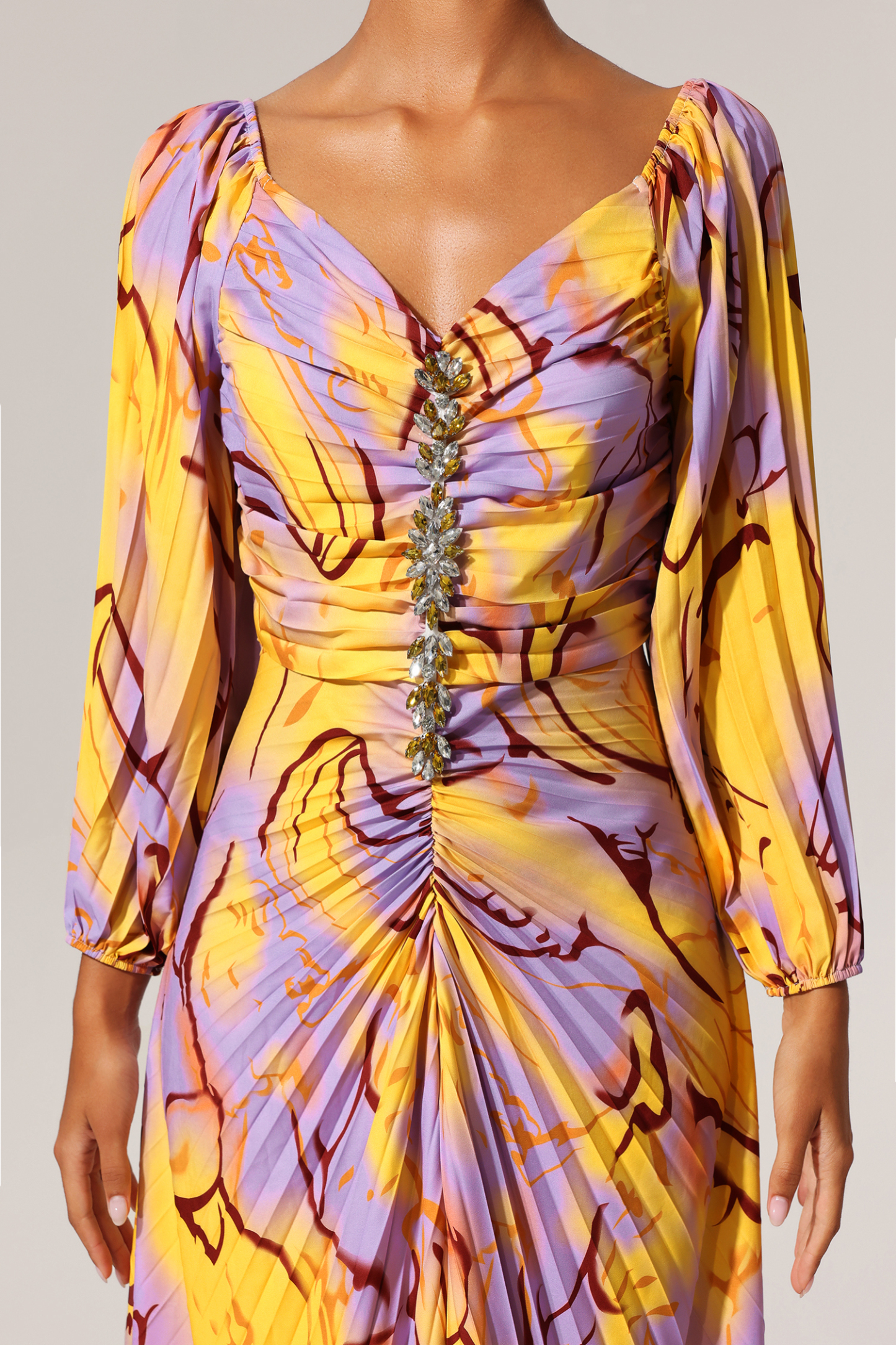 Theresa Diamond Printed Long Sleeves Slit Maxi Dress