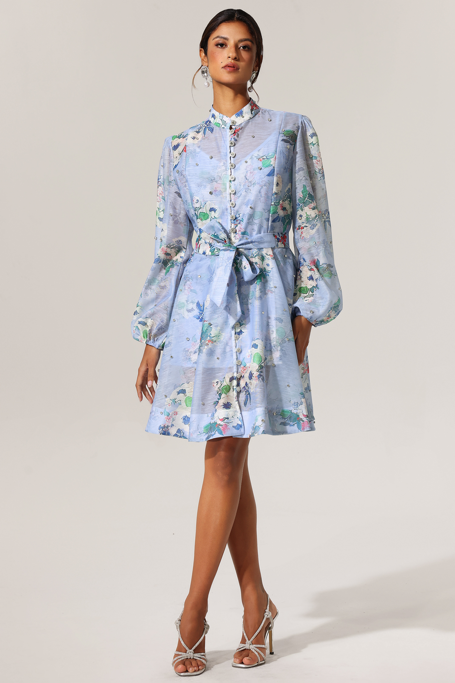 Juana Diamond Floral Printed Long Sleeves Mini Dress