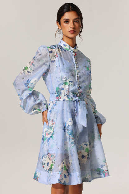 Juana Diamond Floral Printed Long Sleeves Mini Dress