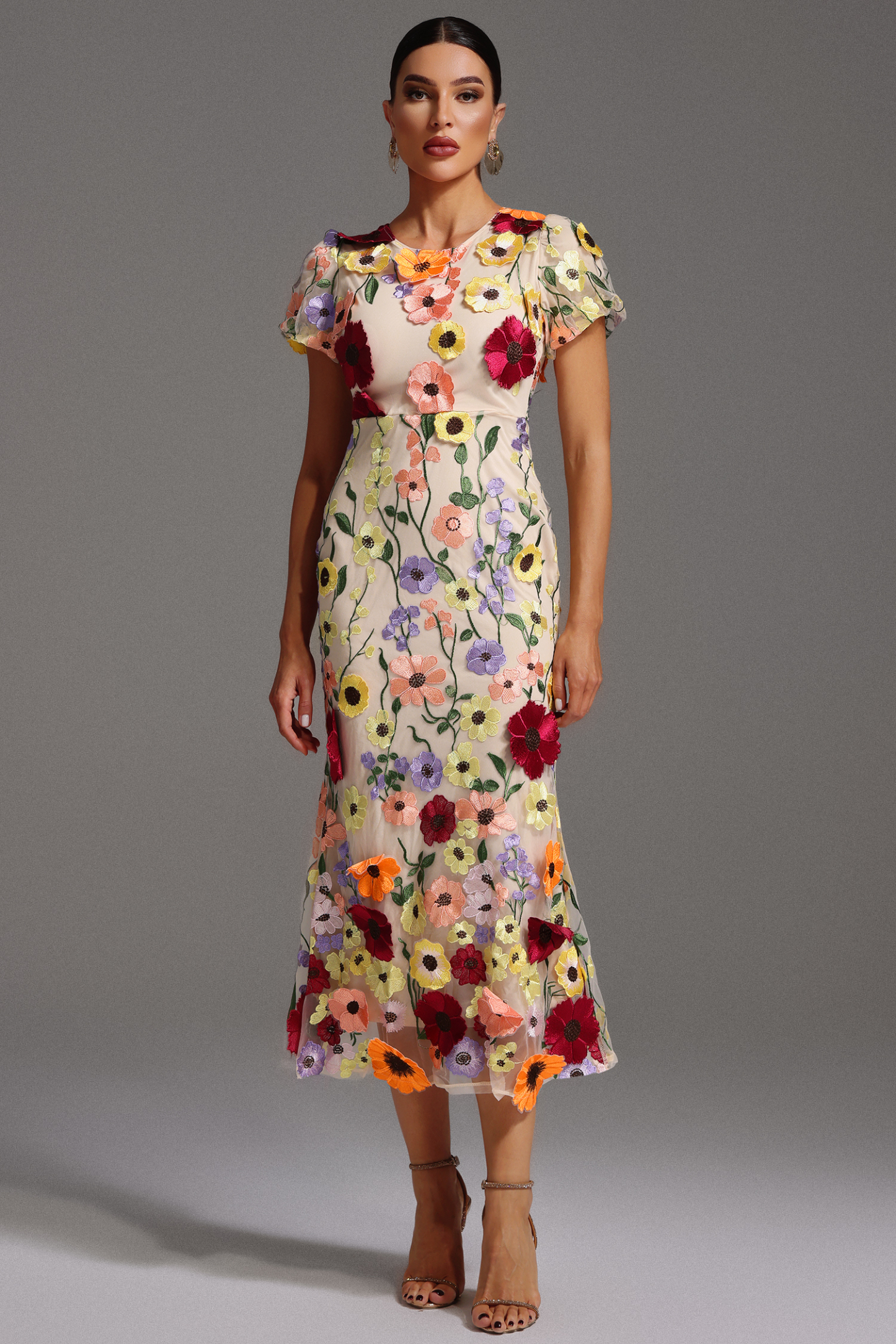 Jaime Short Sleeve Round Neck Flowers Fishtail Midi Dress