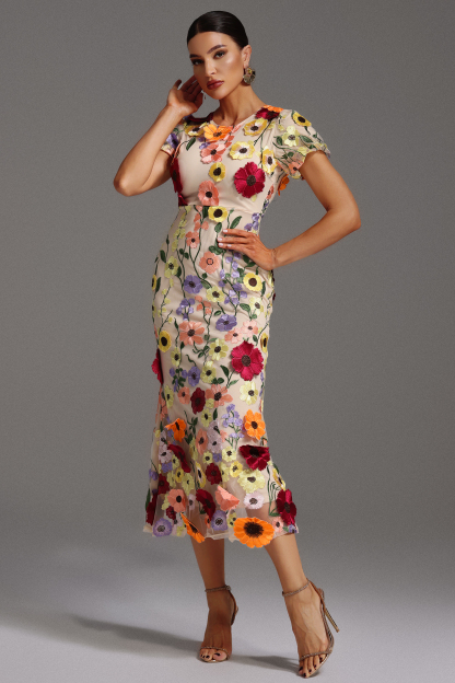 Jaime Short Sleeve Round Neck Flowers Fishtail Midi Dress