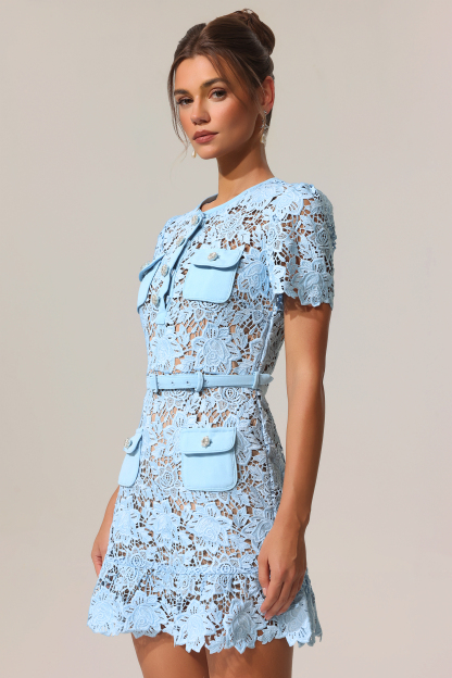 Tamara Diamond Button Short Sleeve Flowers Lace Mini Dress