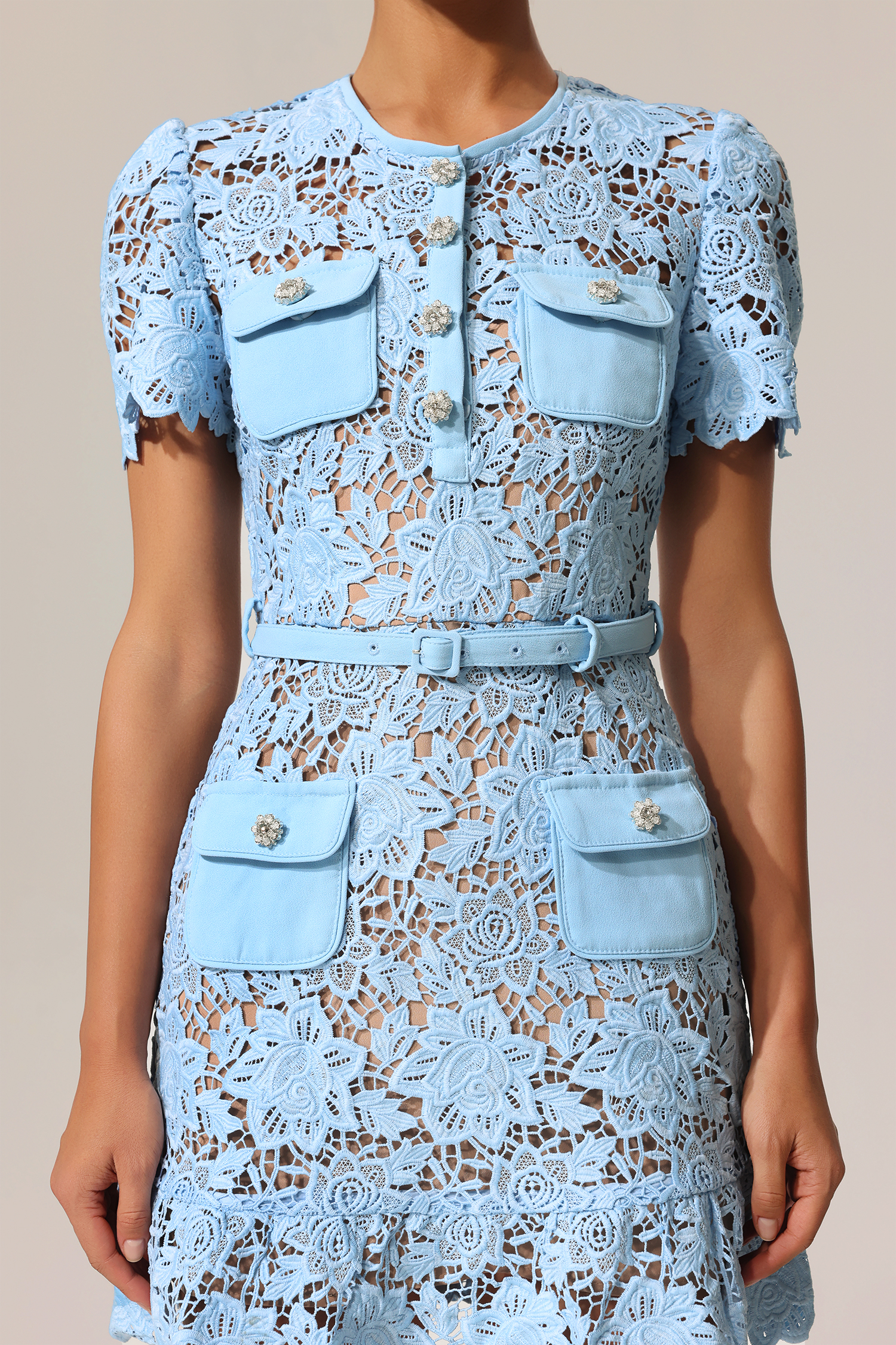 Tamara Diamond Button Short Sleeve Flowers Lace Mini Dress