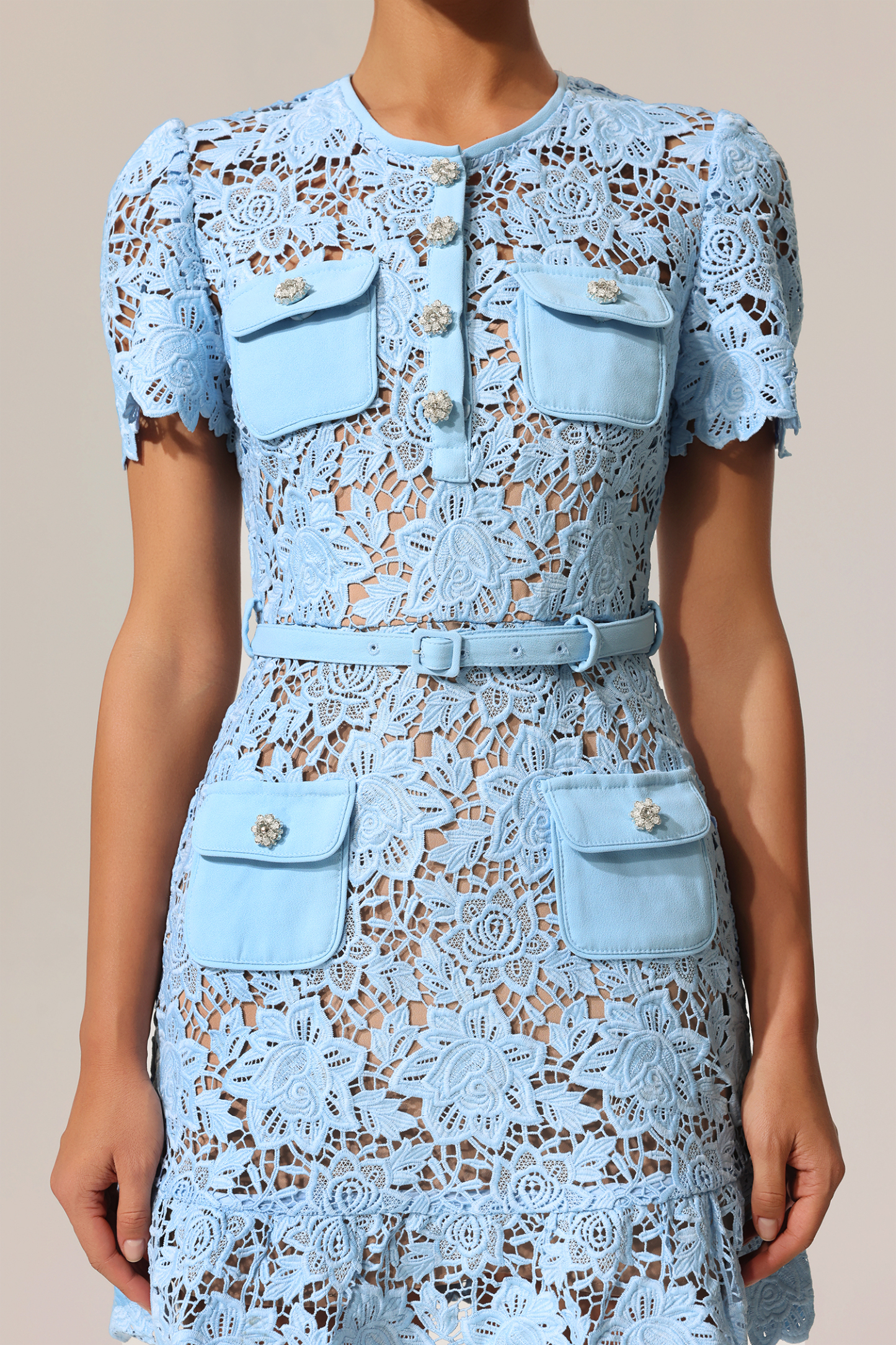 Tamara Diamond Button Short Sleeve Flowers Lace Mini Dress