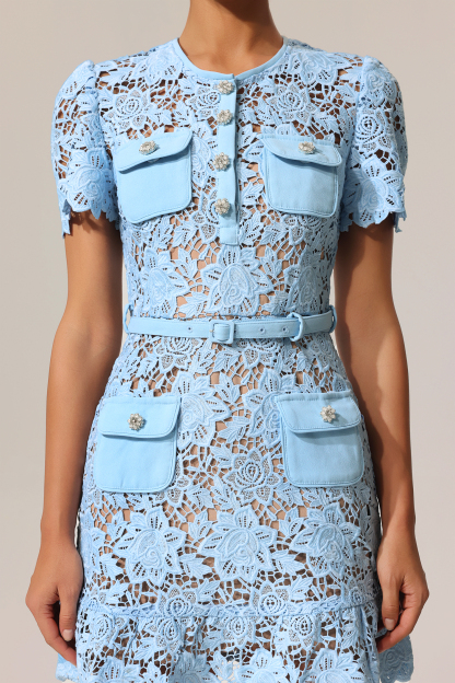 Tamara Diamond Button Short Sleeve Flowers Lace Mini Dress