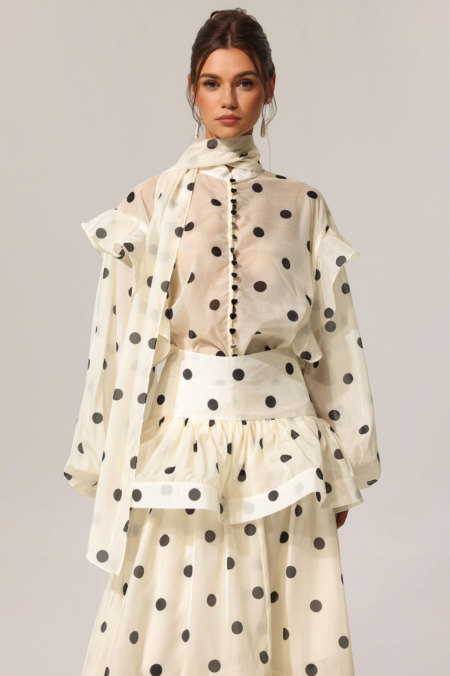 Darcy Dot Printed Folds Long Sleeves Top And Skirt Two-Piece Set