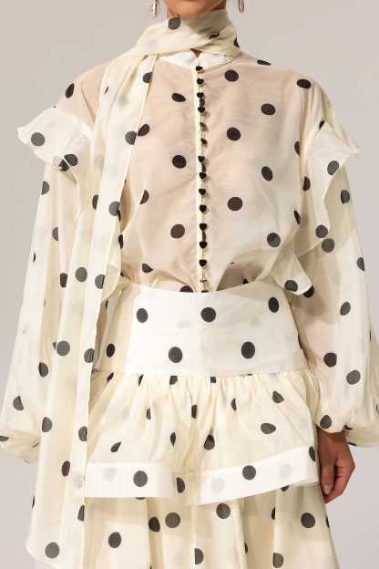 Darcy Dot Printed Folds Long Sleeves Top And Skirt Two-Piece Set