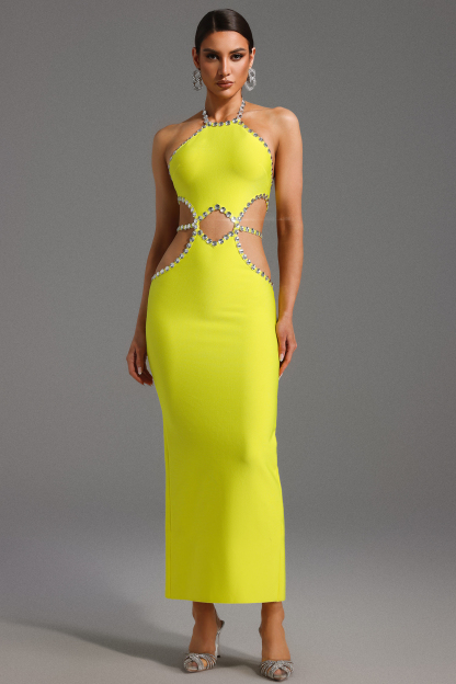 Deirdre Halter Sleeveless Hollow Out Diamond Bandage Maxi Dress