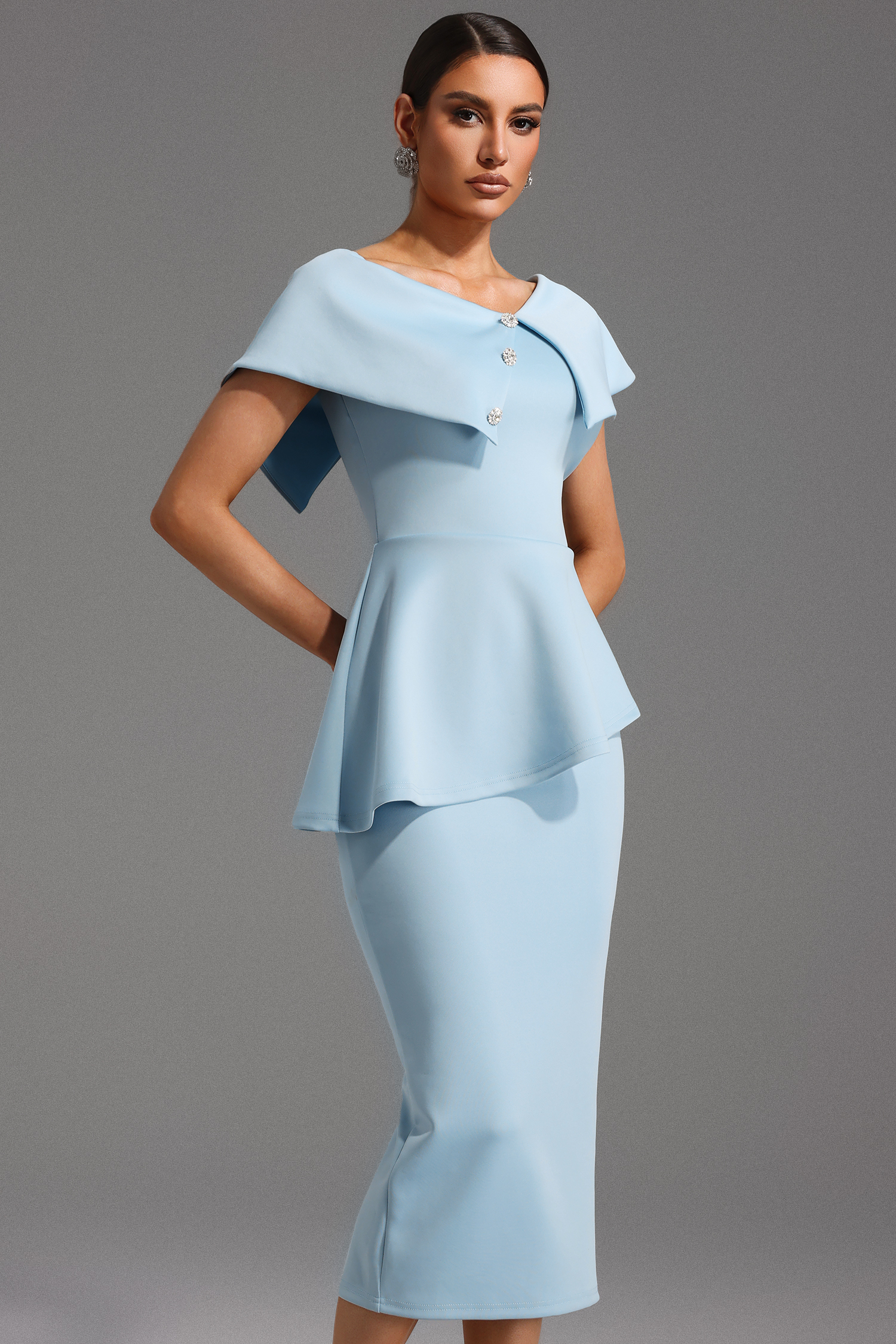 Ivory One Shoulder Flounce Midi Dress