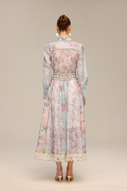 Flavia Long Sleeve Floral Printed Lace Top And Skirt Two-Piece Set