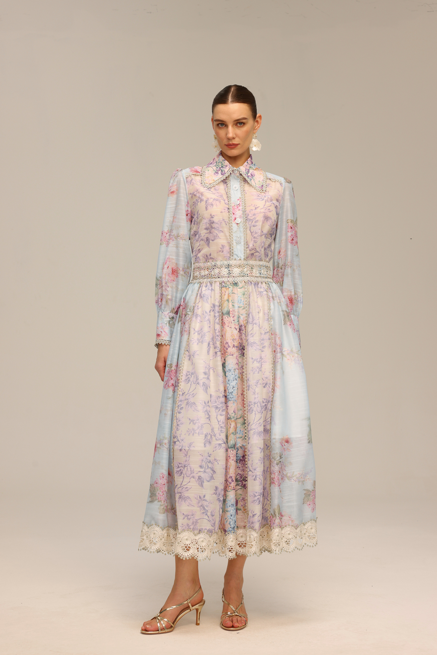 Flavia Long Sleeve Floral Printed Lace Top And Skirt Two-Piece Set