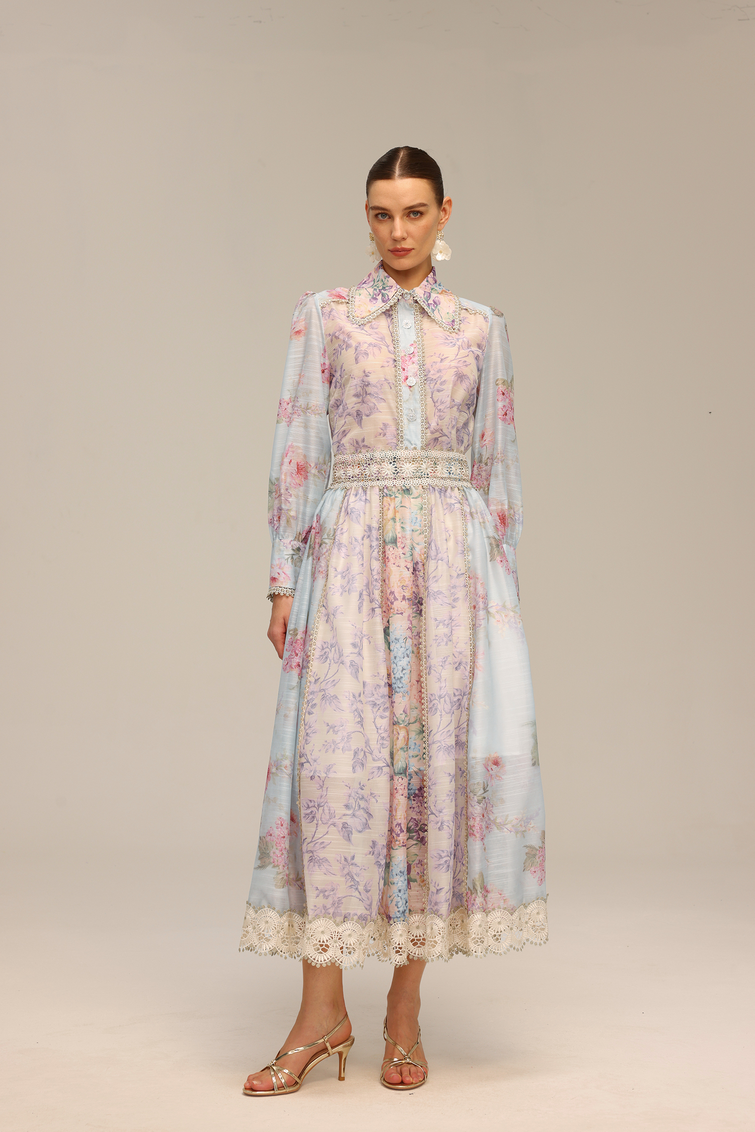 Flavia Long Sleeve Floral Printed Lace Top And Skirt Two-Piece Set