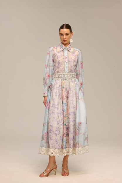 Flavia Long Sleeve Floral Printed Lace Top And Skirt Two-Piece Set