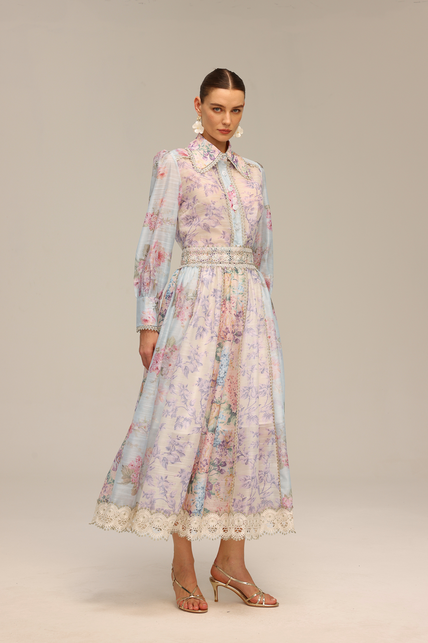 Flavia Long Sleeve Floral Printed Lace Top And Skirt Two-Piece Set