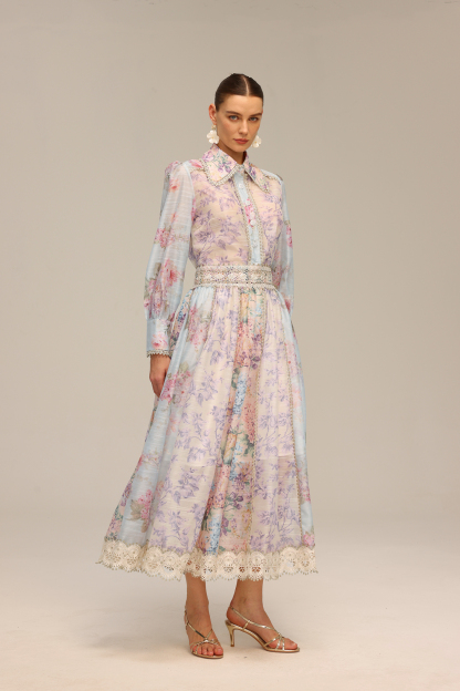 Flavia Long Sleeve Floral Printed Lace Top And Skirt Two-Piece Set