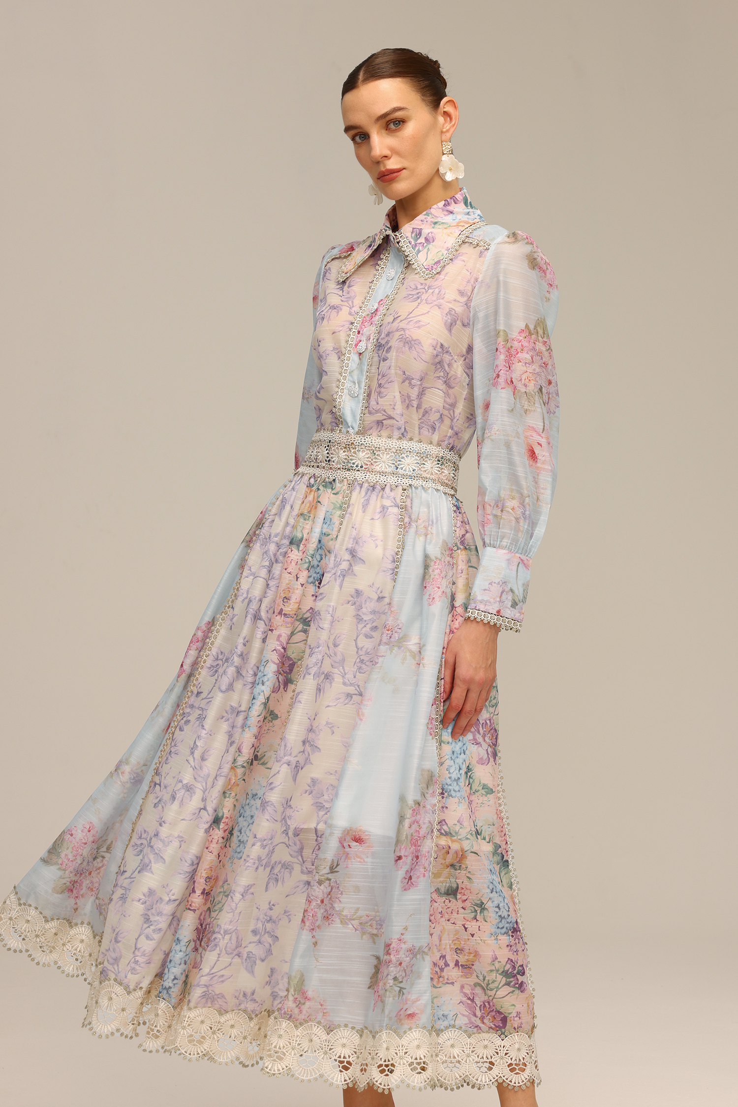 Flavia Long Sleeve Floral Printed Lace Top And Skirt Two-Piece Set