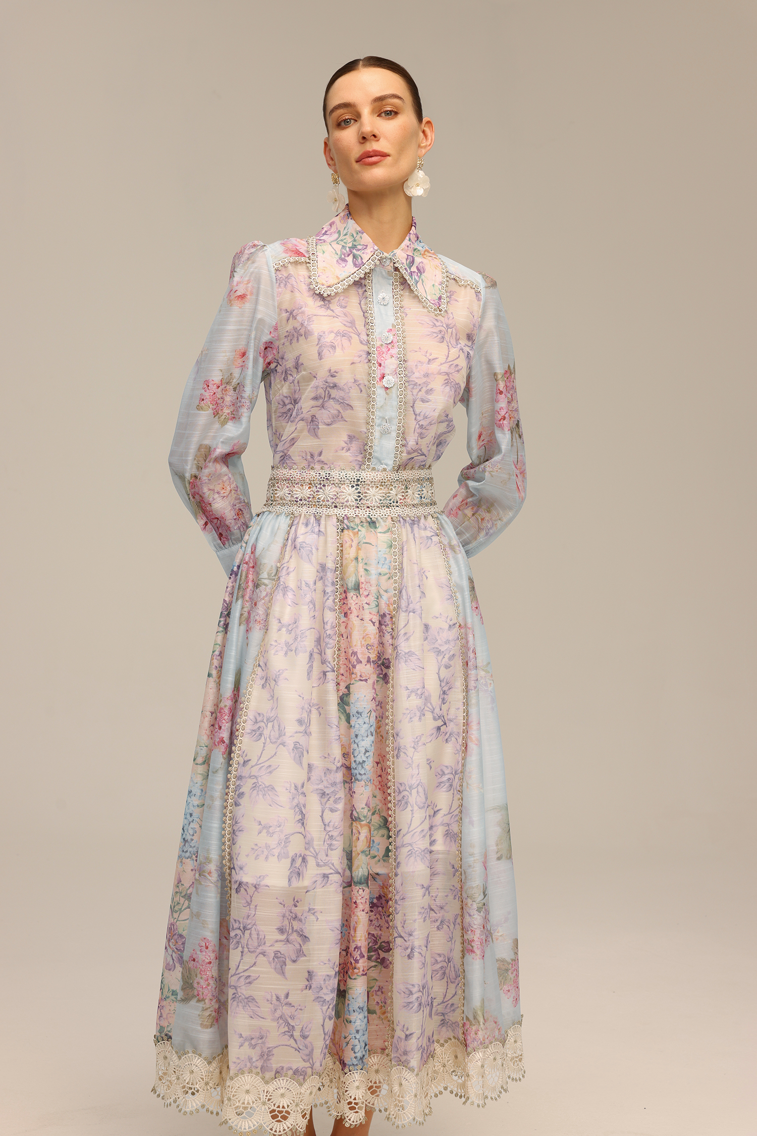 Flavia Long Sleeve Floral Printed Lace Top And Skirt Two-Piece Set