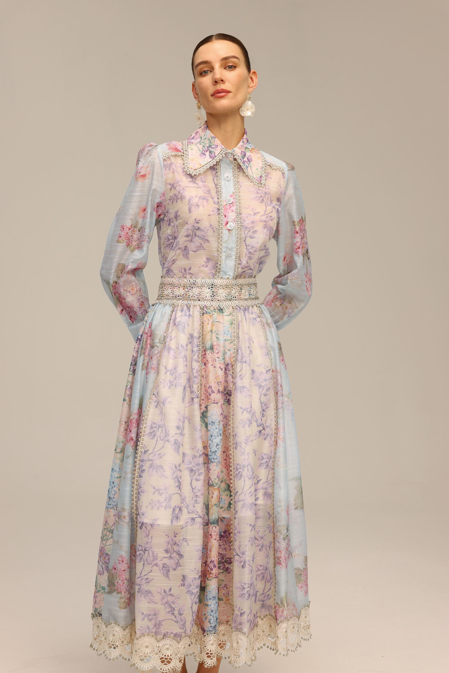 Flavia Long Sleeve Floral Printed Lace Top And Skirt Two-Piece Set