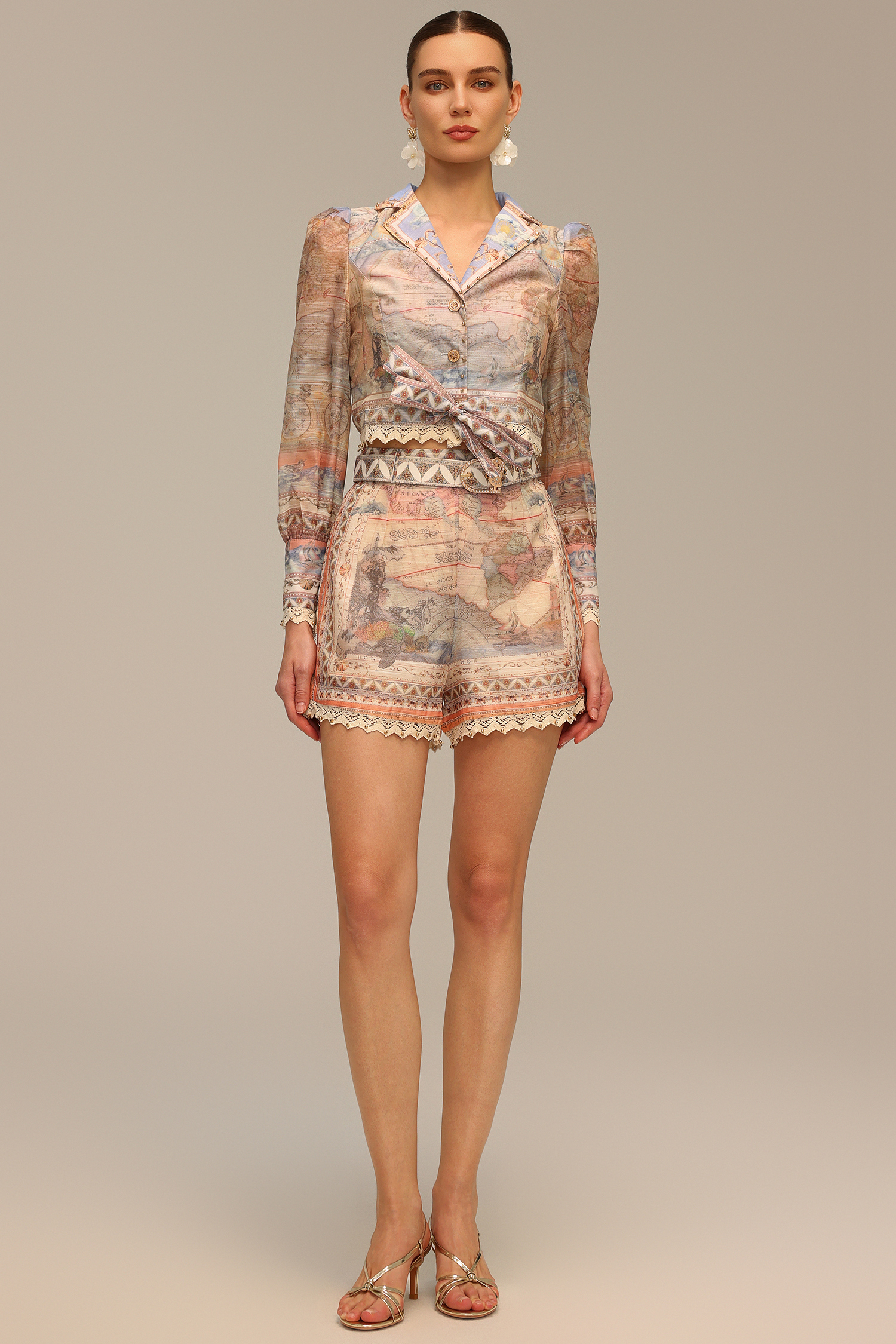 Frances V-Neck Long Sleeve Printed Top And Shorts Two-Piece Set