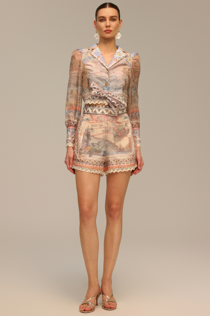 Frances V-Neck Long Sleeve Printed Top And Shorts Two-Piece Set