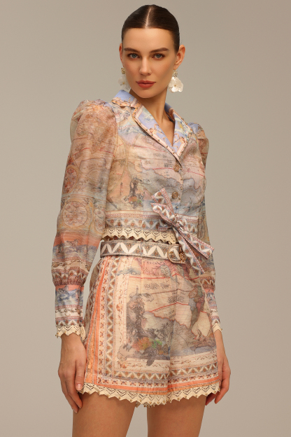 Frances V-Neck Long Sleeve Printed Top And Shorts Two-Piece Set