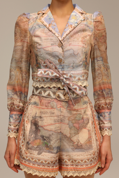 Frances V-Neck Long Sleeve Printed Top And Shorts Two-Piece Set