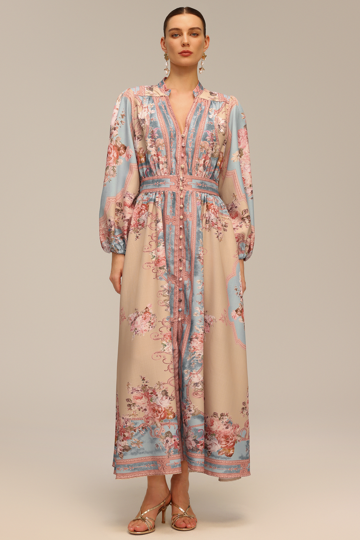 Marina Long Sleeve Floral Printed Maxi Dress