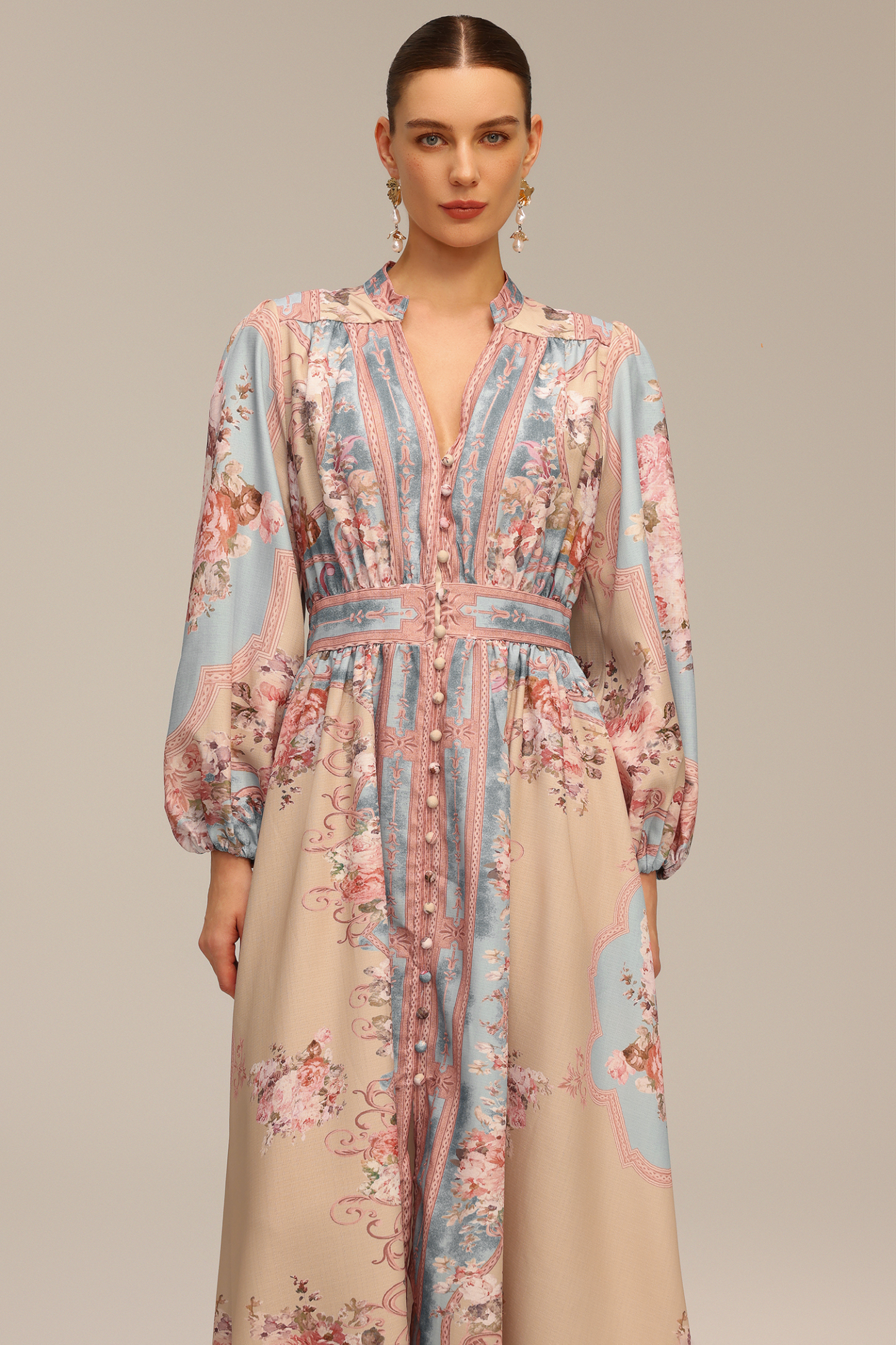 Marina Long Sleeve Floral Printed Maxi Dress