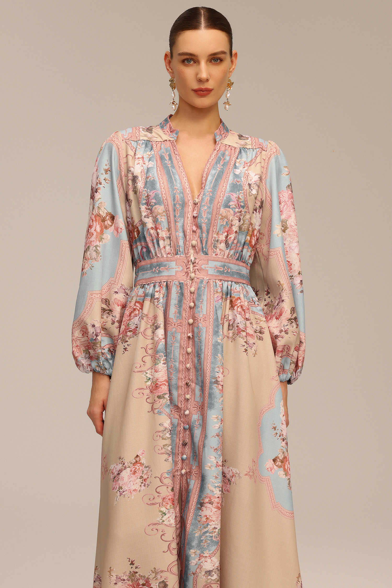 Marina Long Sleeve Floral Printed Maxi Dress