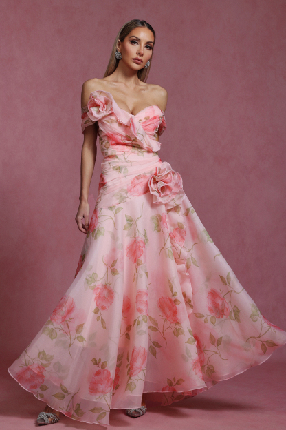 Gisela Sleeveless Flowers Flounce Maxi Dress