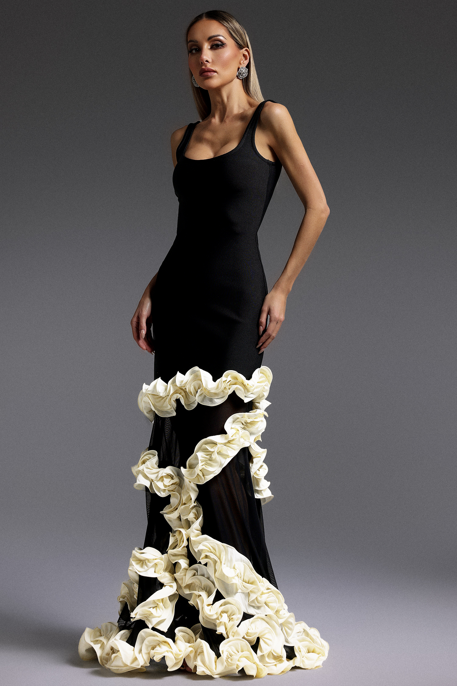 Dorothea Sleeveless Lace Trim Bandage Maxi Dress