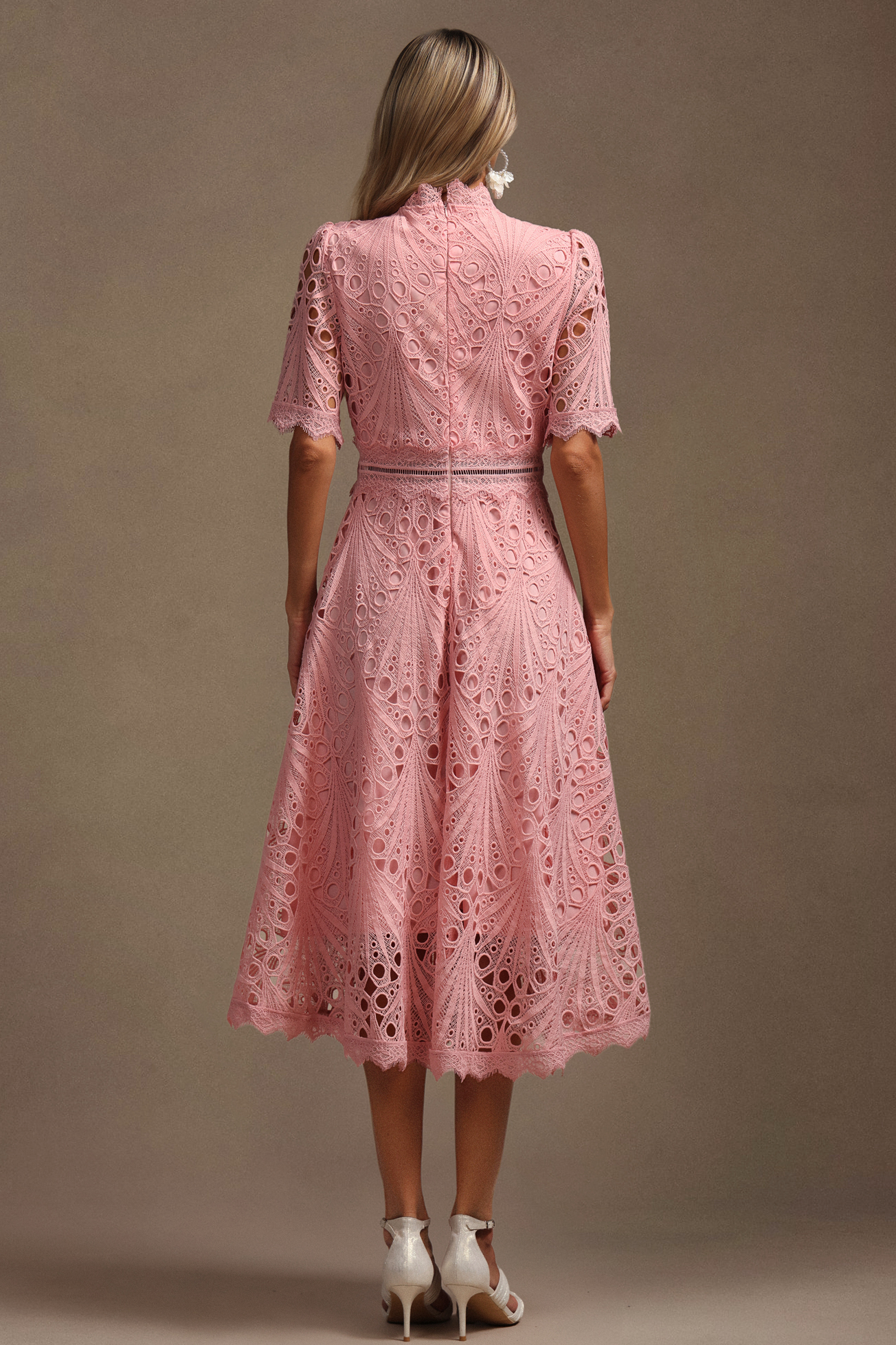 Sandy Short Sleeves Lace Hollow Out Midi Dress