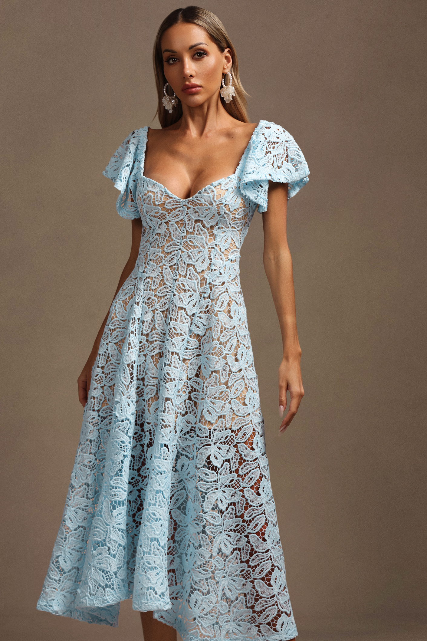 Mavis Short Sleeves Lace Midi Dress