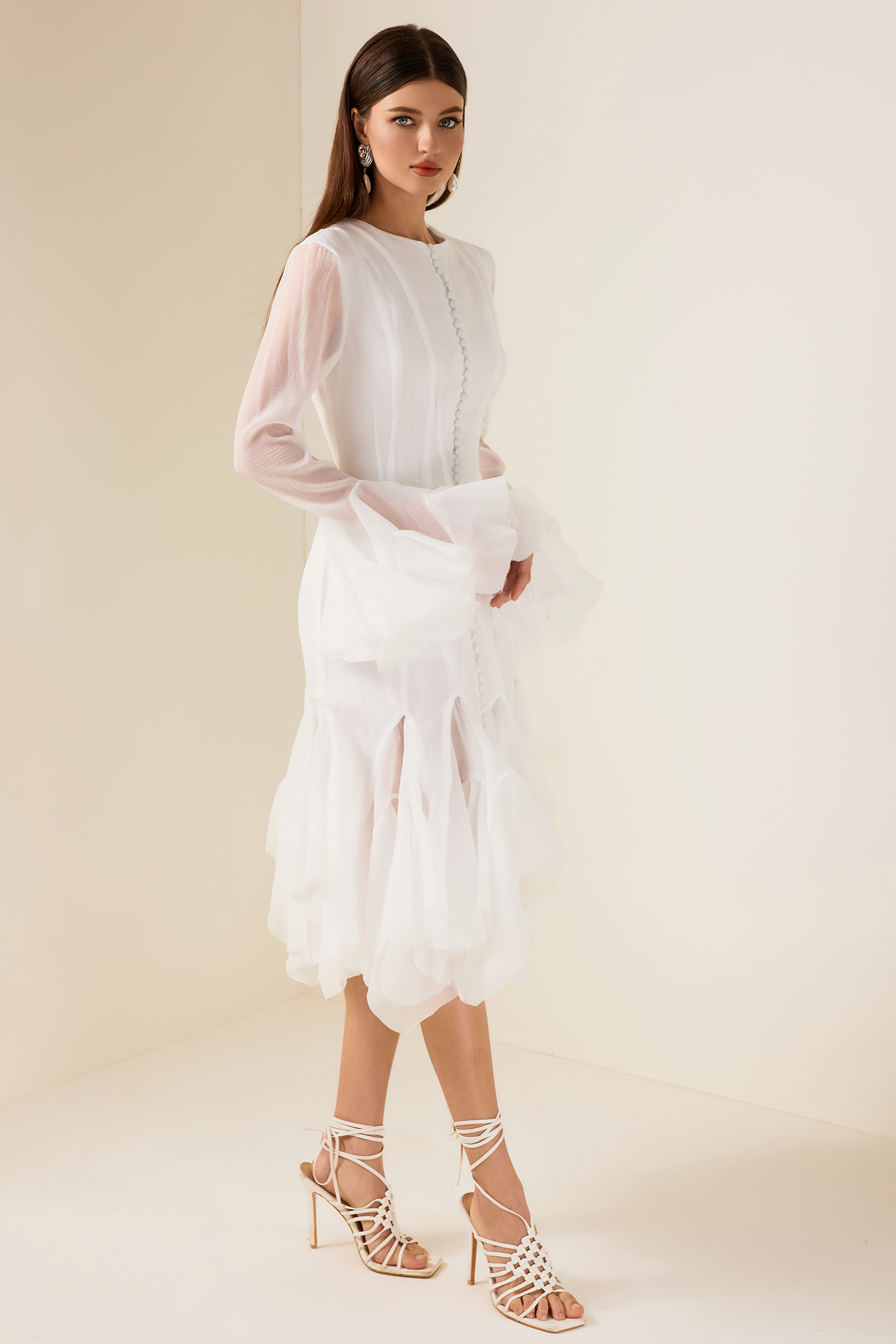 Eugenie Solid Ruffle Bell Sleeve Midi Dress