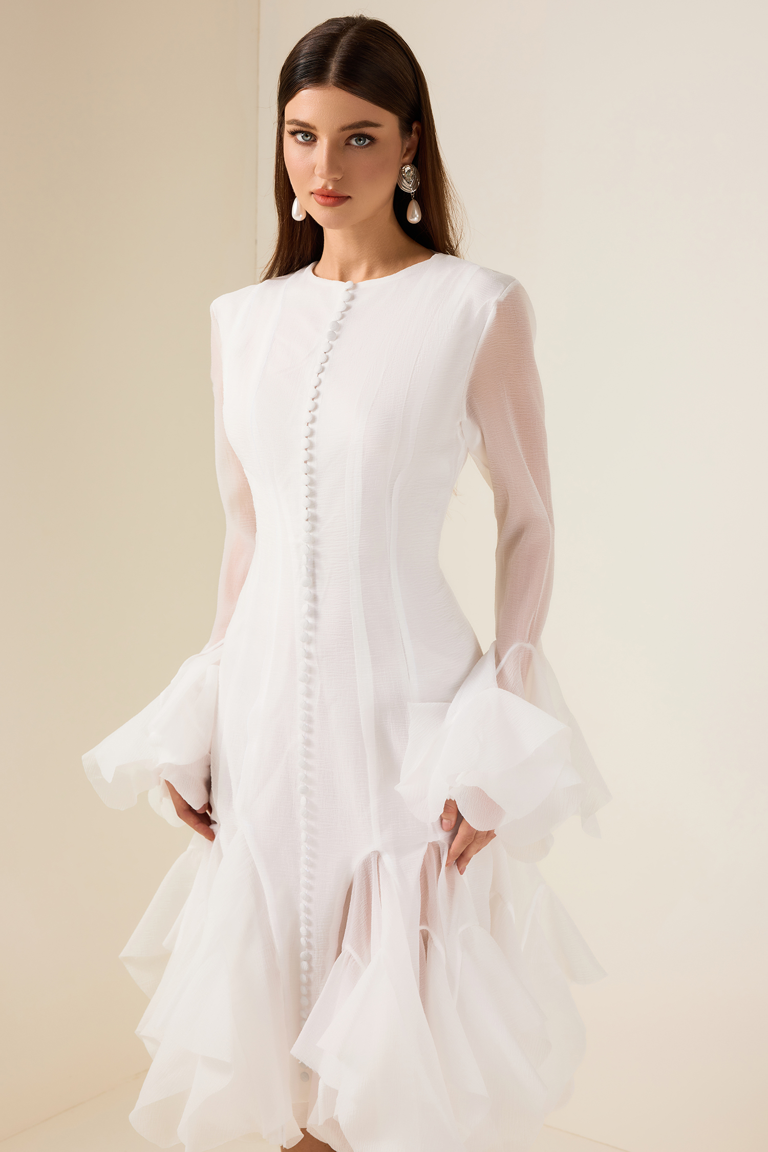 Eugenie Solid Ruffle Bell Sleeve Midi Dress