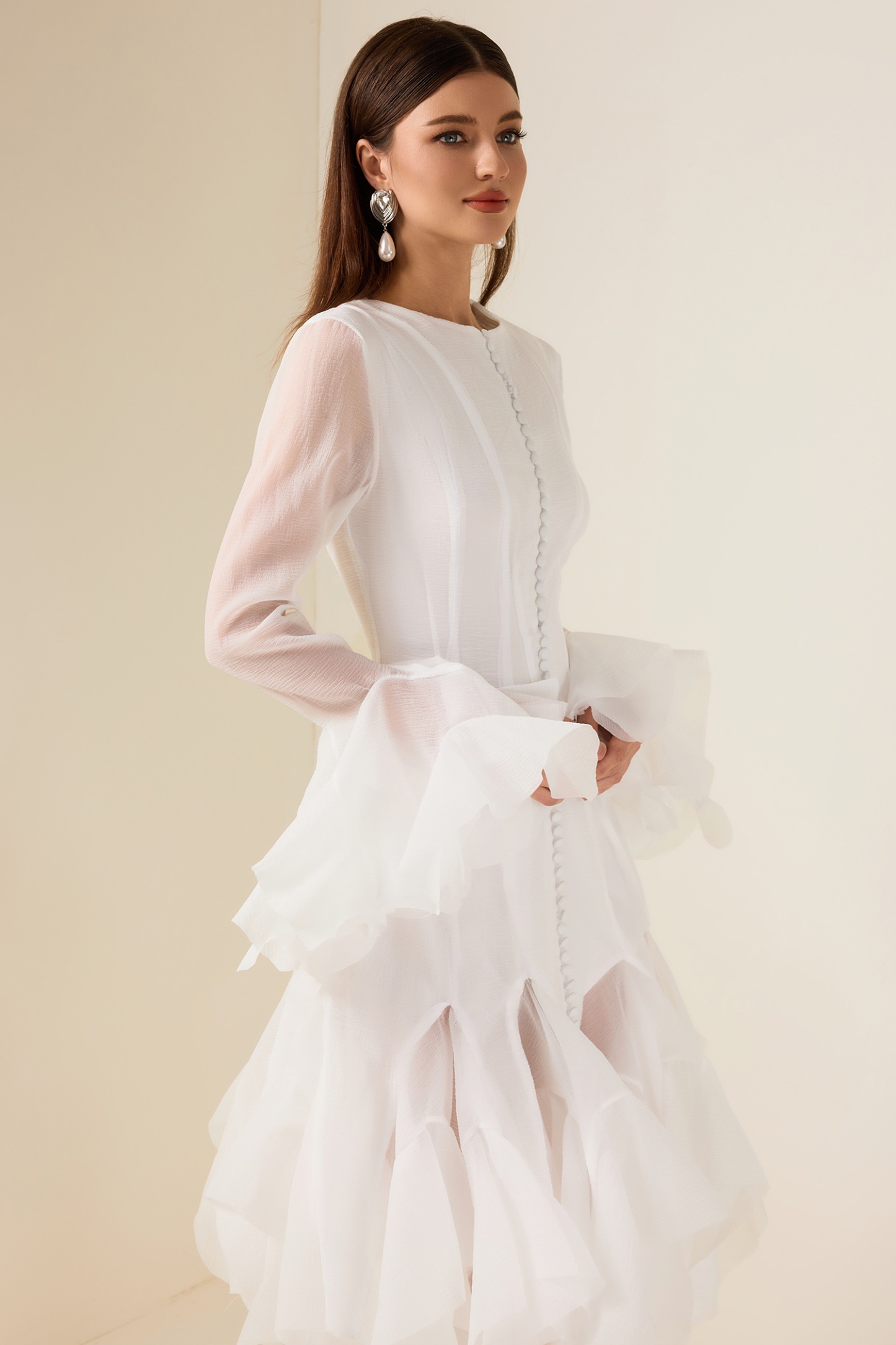 Eugenie Solid Ruffle Bell Sleeve Midi Dress