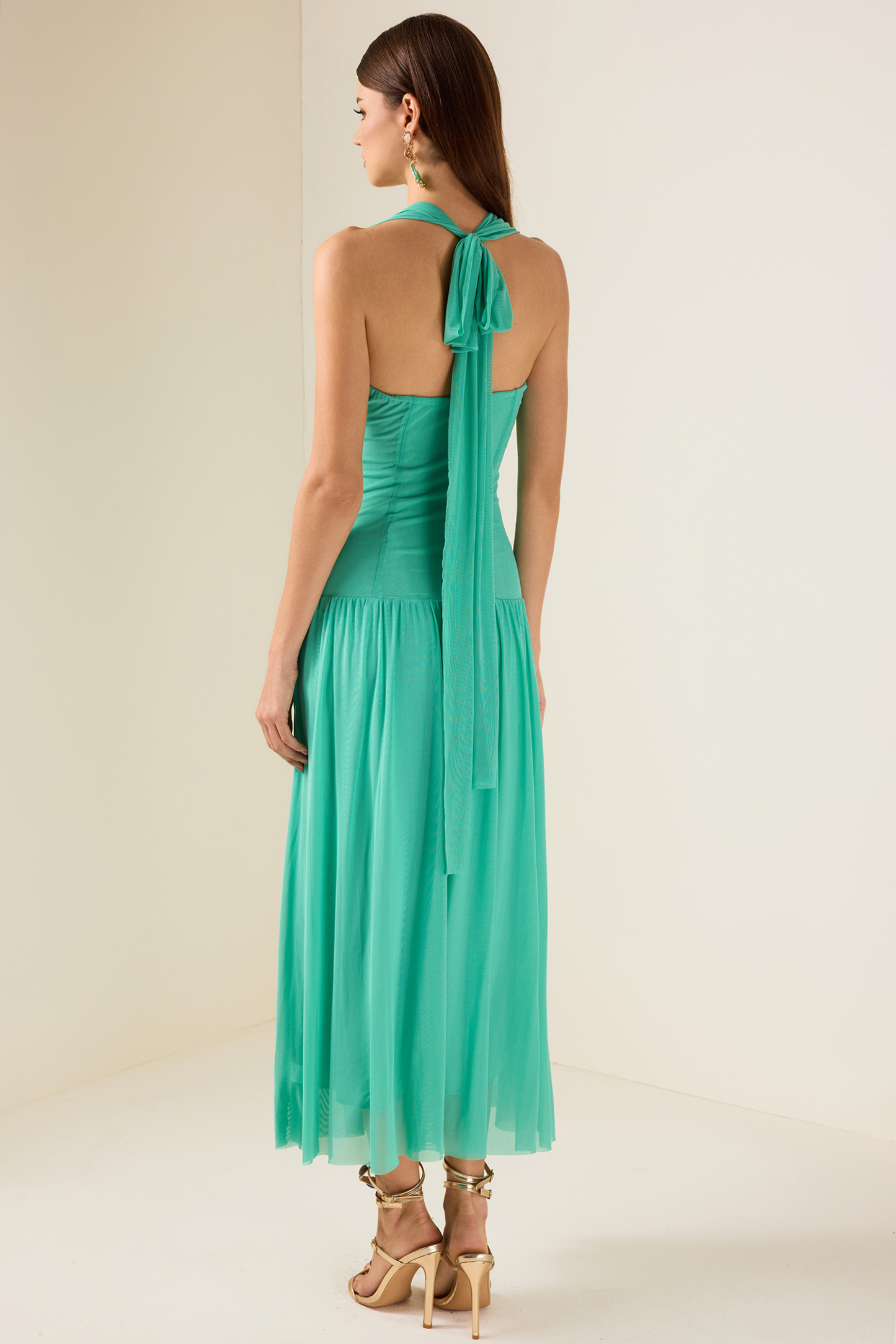 Ginevra Rhinestone Halter Neck Lace Up Midi Dress