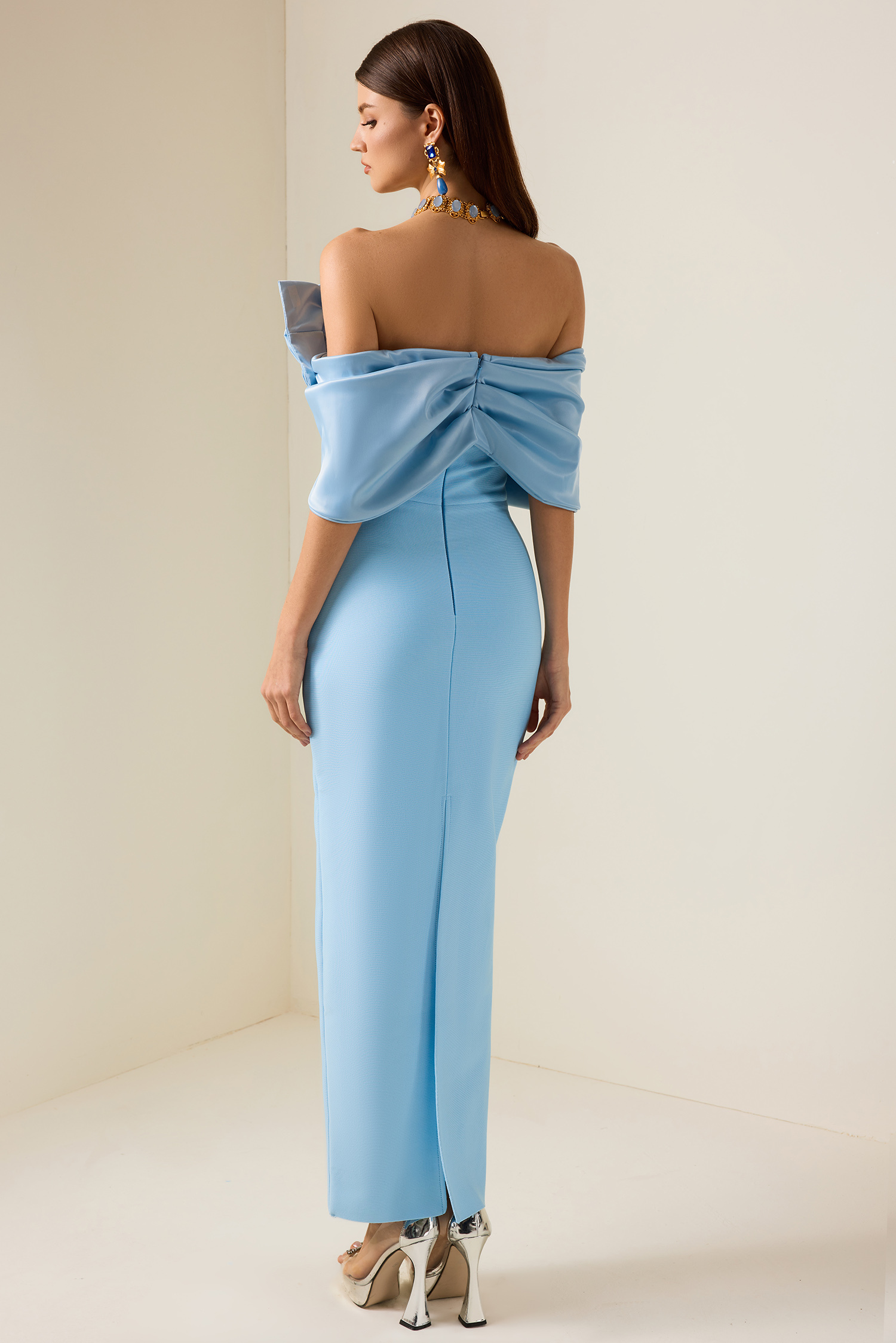 Jaelyn Bow Off-Shoulder Split Maxi Dress