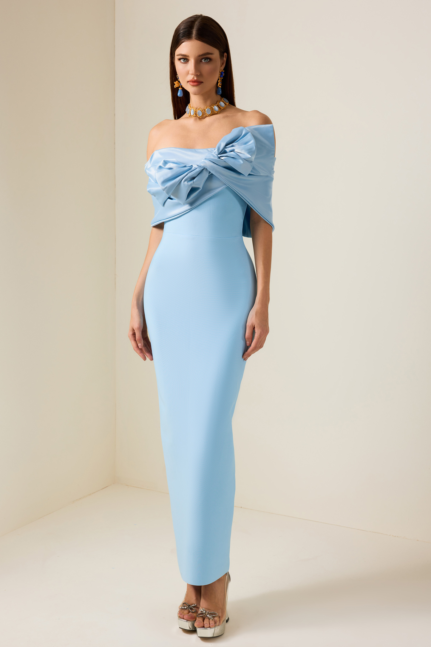 Jaelyn Bow Off-Shoulder Split Maxi Dress