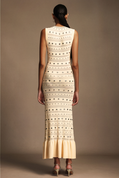 Elize Sleeveless Round Neck Rivet Folds Maxi Dress