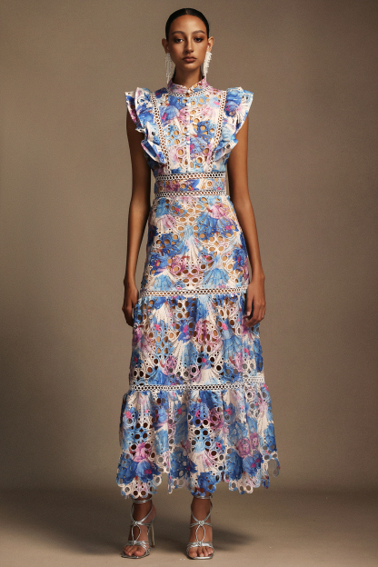 Frida Sleeveless Printed Printed Lace Maxi Dress